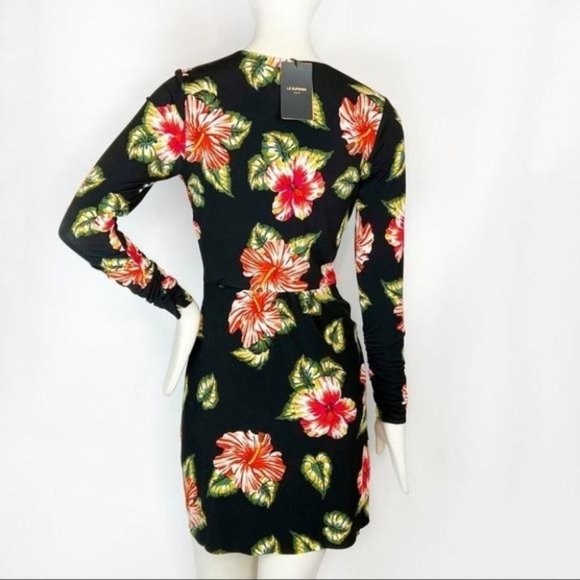 LE SUPERBE V Neck Floral Long Sleeve BODY CON Sexy Mini Dress - Picture 8 of 16